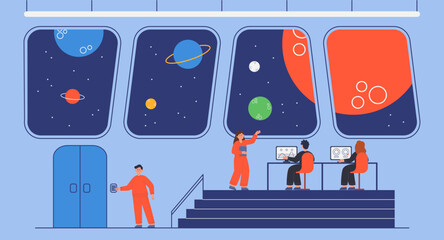 Wall Mural - Spaceship bridge interior with captain and crew members. People inside space station control room or on deck of ship flat vector illustration. Space, science concept for banner or landing web page