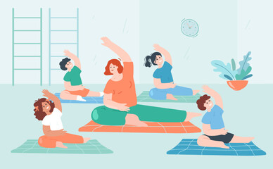 Poster - cartoon instructor and group of children doing yoga exercises. gym interior with yoga class for kids