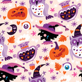 Fototapeta Pokój dzieciecy - Happy Halloween seamless pattern   Pumpkin, bat, ghost, skull, star, owl, spider , hat. Vector cartoon illustration background
