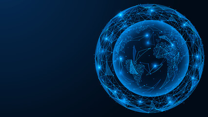 Wall Mural - World map. Global digital network. Polygonal design of lines and dots. Blue background.