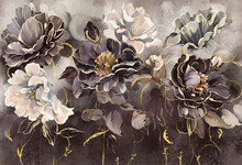 Oil Painting With Flower Rose, Leaves. Botanic Print Background On Canvas -  Triptych In Interior, Art.