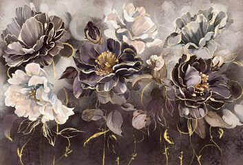 Oil painting with flower rose, leaves. Botanic print background on canvas -  triptych In Interior, art.