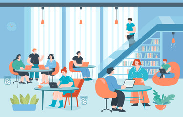 Fototapete - Modern workplace with business persons working at computers. Office space interior, meeting place for creative coworkers flat vector illustration. Community, coworking, teamwork concept for banner