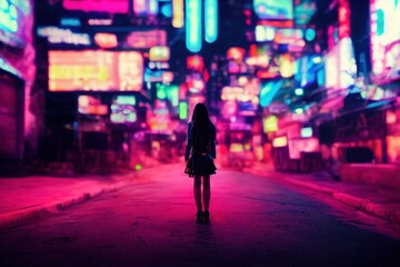 Wall Mural - A girl standing in the neon streets of Tokyo, Cyberpunkt style with neon lights