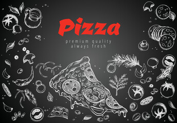 Wall Mural - Hand drawn pizza line banner. Engraved style chalk doodle background. Savoury pizza ads. Tasty vector banner for cafe, restaurant or food delivery service