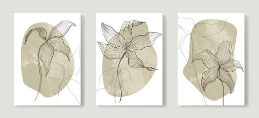 Abstract art background with leaves and flowers in line art style with watercolor elements. Botanical hand drawn vector set for decor, print, interior design, invitations, wallpapers.