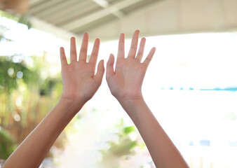 Beautiful young hand , little girl hand up, Woman hand showing the ten fingers