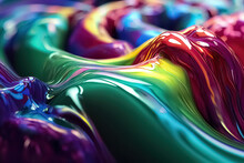 Rainbow Colors Realistic Liquid Plastic Dynamic Fluid Abstract Background. Digital 3D Illustration.