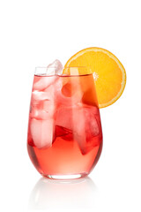 red drink with ice cubes and orange slice on white background, isolated