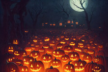 Halloween Background With Pumpkins And A Haunted Mansion, Full Moon, Mist, And Flying Bats, Spooky And Creepy Atmosphere