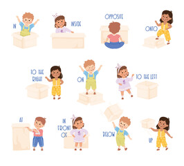 Poster - Little Children with Cardboard Box as Prepositions Demonstration Vector Set