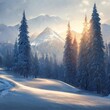 AI-generated hyper-realistic winter background with snowy trees and snowcap mountains in fog