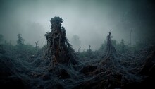 Halloween Background, Dark Scary Ancient Forest Atmosphere 