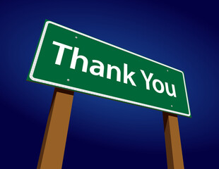 Wall Mural - Thank You Green Road Sign Illustration on a Radiant Blue Background.
