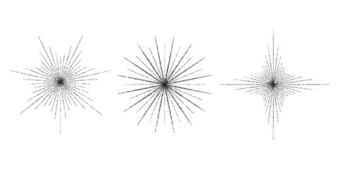 Poster - Dotted grain star with beams set. Black stippled ray sparkle and flare collection. Various noise textured asterisks. Different halftone dot work stellar forms and burst explosion. Vector sparks. 
