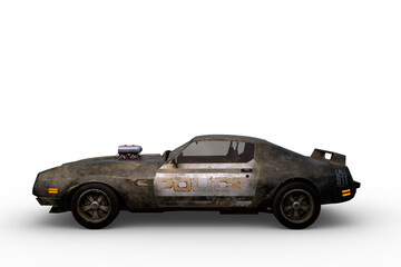 Poster - Side view 3D rendering of a vintage American high performance police car isolated on a transparent background.