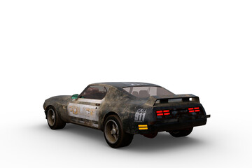 Poster - Rear view 3D rendering of a vintage American high performance police car isolated on a transparent background.