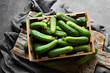 Fresh ripe organic small gherkin cucumbers in bowl or basket, not marinated vegetable, cornichon