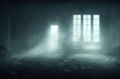 Empty room interior in haunted house at night, eerie dark atmosphere, moonlight and fog coming from broken window, generative AI illustration with copy space