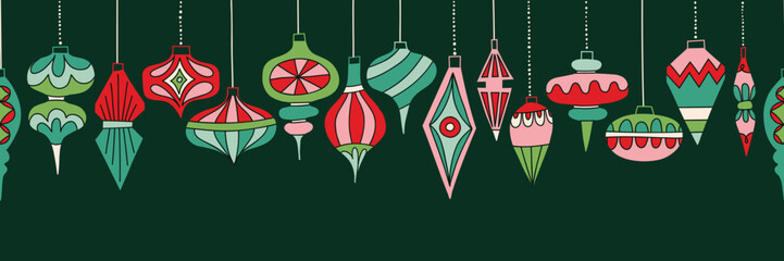 retro hanging baubles vector seamless horizontal pattern border. vintage winter holidays ornaments b