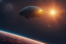 An Alien Spaceship Is In Planet Earth Orbit. There Are Unidentified Flying Objects High Up In The Space With Sun Light. It Is A UFO. Theory Of Alien Invasion And Extraterrestrial Life. 3D Rendering.