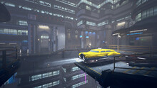 Futuristic Cyberpunk Yellow Flying Taxi Cab Waiting For Passngers In A Dystopian City On A Foggy Night. 3D Rendering.
