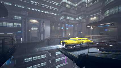 Aufkleber - Futuristic cyberpunk yellow flying taxi cab waiting for passngers in a dystopian city on a foggy night. 3D rendering.