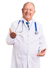 Poster - Senior handsome grey-haired man wearing doctor coat and stethoscope smiling cheerful with open arms as friendly welcome, positive and confident greetings