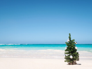 Wall Mural - Christmas fir tree on sandy beach. Tropical New year celebration