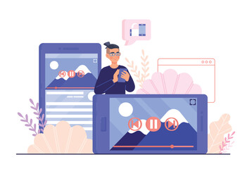 Poster - landscape mode concept. man switches his devices to widescreen to watch media. modern technologies a
