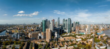 Aerial Panoramic Skyline View Of Canary Wharf, The Worlds Leading Financial District In London, UK. Business Center Of London.