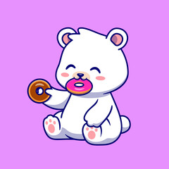 Wall Mural - Cute Polar Bear Eating Doughnut Cartoon Vector Icon 
Illustration. Animal Food Icon Concept Isolated Premium 
Vector. Flat Cartoon Style