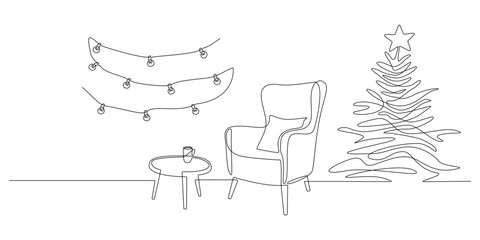 Wall Mural - One continuous Line drawing of festive interior with armchair and christmas tree, table and garland. Modern cozy furniture for living room decor in simple linear style. Doodle vector illustration
