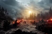 World War Tanks And Men Fighting In The Wasteland At Dawn. An Explosion And Soldiers Fighting In The Battle Of A World War At Dawn. 3D Rendering.