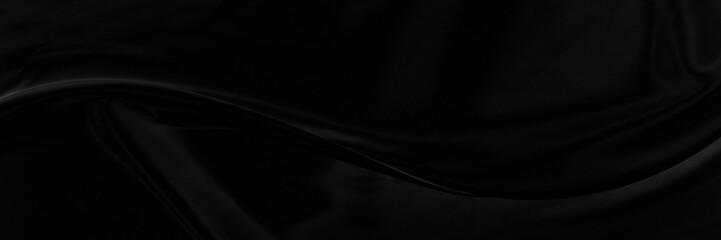 Wall Mural - Black gray satin dark fabric texture luxurious shiny that is abstract silk cloth panorama background with patterns soft waves blur beautiful.