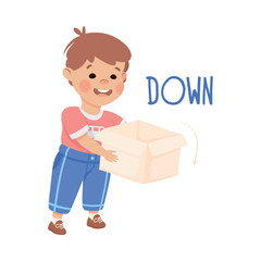 Poster - Little Boy Dropping Cardboard Box Down as Preposition Demonstration Vector Illustration