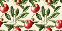 Fruit Pattern. Seamless Pattern Of Apple And Leaves. Vintage Botanical 3d Illustration.