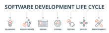 Software Development Life Cycle Banner Web Icon Vector Illustration Concept Of Sdlc With Icon Of Planning, Requirements, Design, Coding, Testing, Deploy And Maintenance