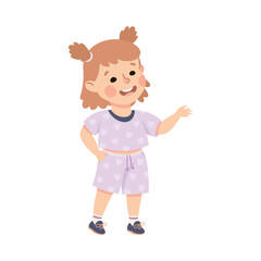 Sticker - Little Smiling Girl Standing and Talking to Somebody Vector Illustration