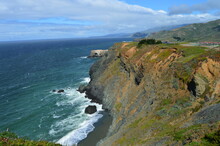 Sea Cliffs And Black Sand Beach Along Pacific Coast North Of San Francisco