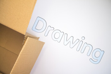 Poster - Drawing word with cardboard box. Brown folded card box.
