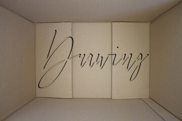 Poster - Drawing word with cardboard box. Brown folded card box.