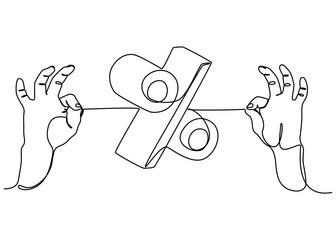 Poster - One continuous line of two hand holding a string with Percentage Sign word. Thin Line Illustration vector concept. Contour Drawing Creative ideas.