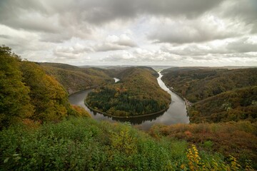 Aerial view of the Saarschleife water gap carved by the Saar River, Germany