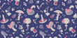 Seamless pattern with mushrooms. Silhouette graphics on a forest theme: leaves, beetles, moth, earthworm, berry, acorn, snail. Fly agaric, chanterelle, grebe, porcini mushroom in pastel lilac tones.