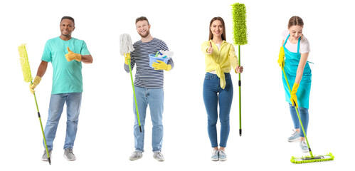 Canvas Print - Collection of young people with mops on white background