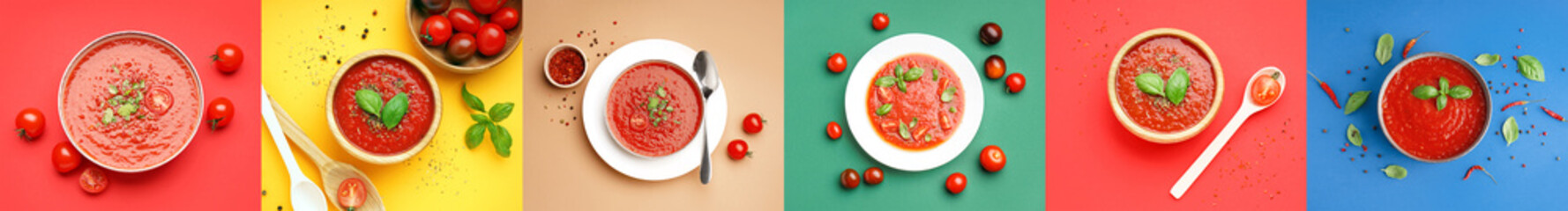 Collage of bowls with tasty tomato soup on color background, top view