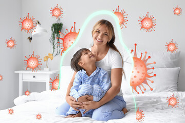 Sticker - Little boy with his mother sitting on bed. Concept of strong immunity