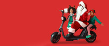 Cute Little Elves With Santa Claus Riding Scooter On Red Background With Space For Text