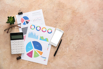 Poster - Business charts, mobile phone and stationery on beige background
